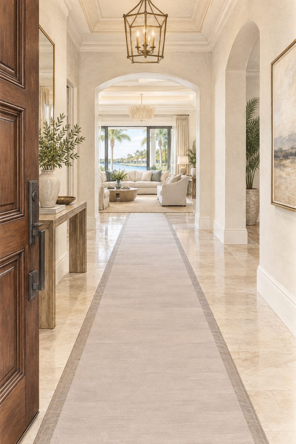 Pencil-and-watercolor illustration of a clear protected route from the entrance to the living room Pencil-and-watercolor illustration of a clear protected route from the entrance to the living room