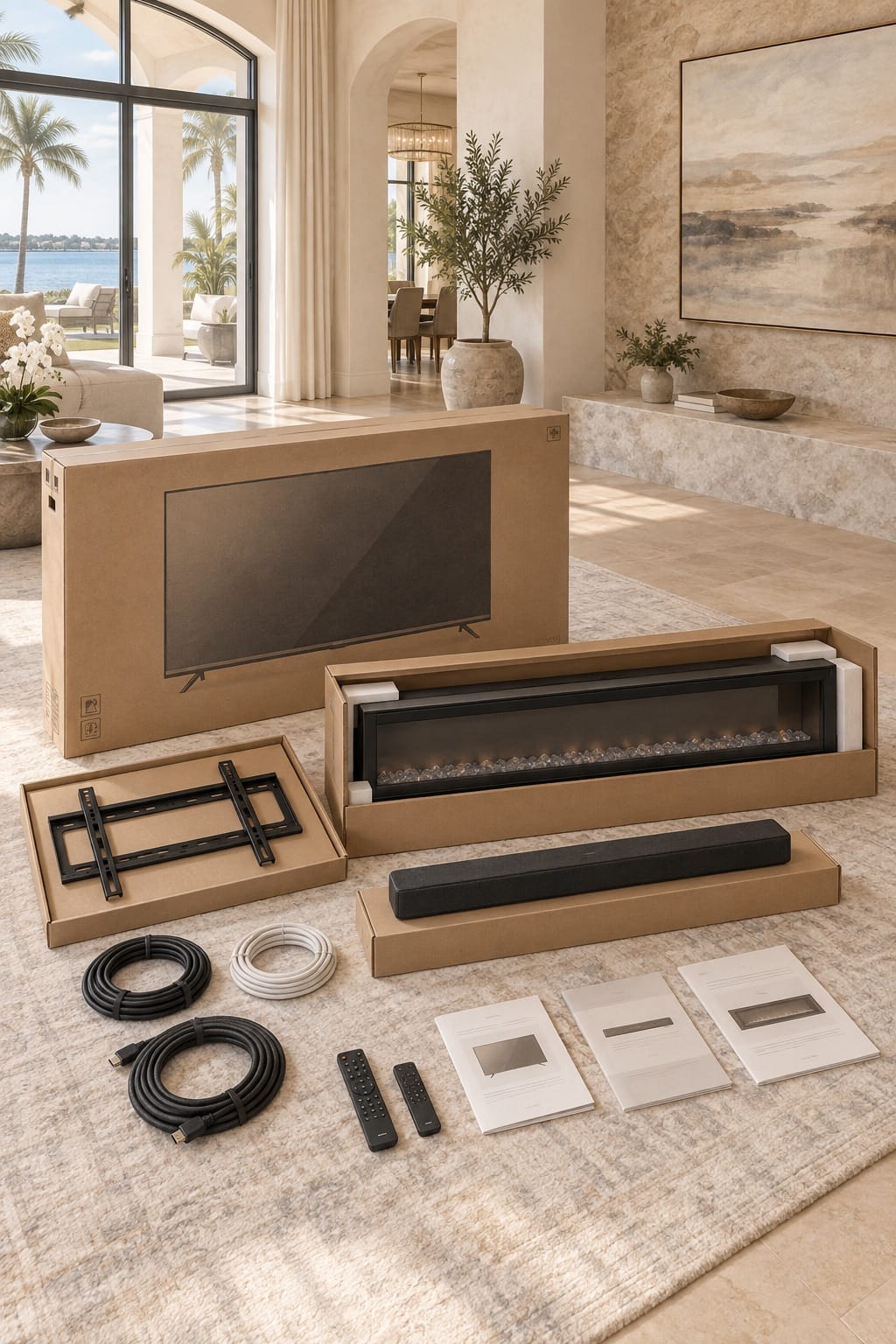Pencil-and-watercolor illustration of an approved TV, wall mount, linear electric fireplace, soundbar, cables, remotes and manuals staged together Pencil-and-watercolor illustration of an approved TV, wall mount, linear electric fireplace, soundbar, cables, remotes and manuals staged together