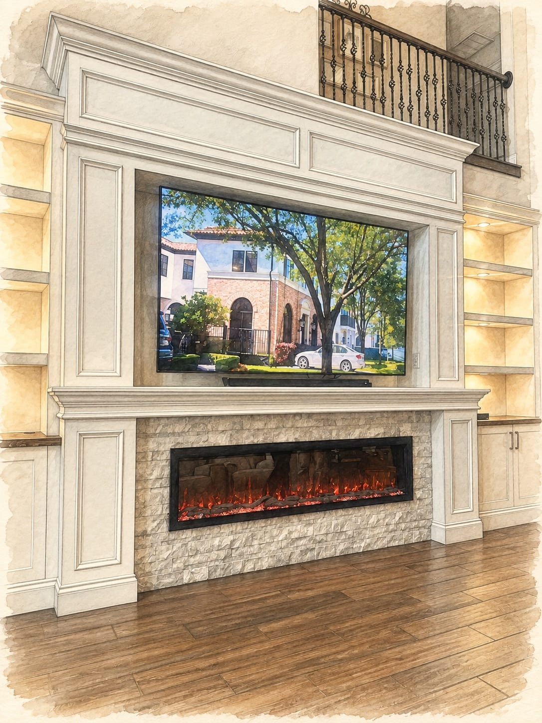 Luxury traditional TV media wall with illuminated built-ins and electric fireplace, illustrated from a real Lux Nook project Luxury traditional TV media wall with illuminated built-ins and electric fireplace, illustrated from a real Lux Nook project