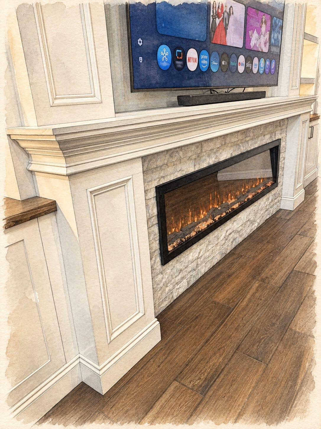 Pencil-and-watercolor detail of the real Lux Nook TV, soundbar, mantel and linear electric fireplace relationship Pencil-and-watercolor detail of the real Lux Nook TV, soundbar, mantel and linear electric fireplace relationship