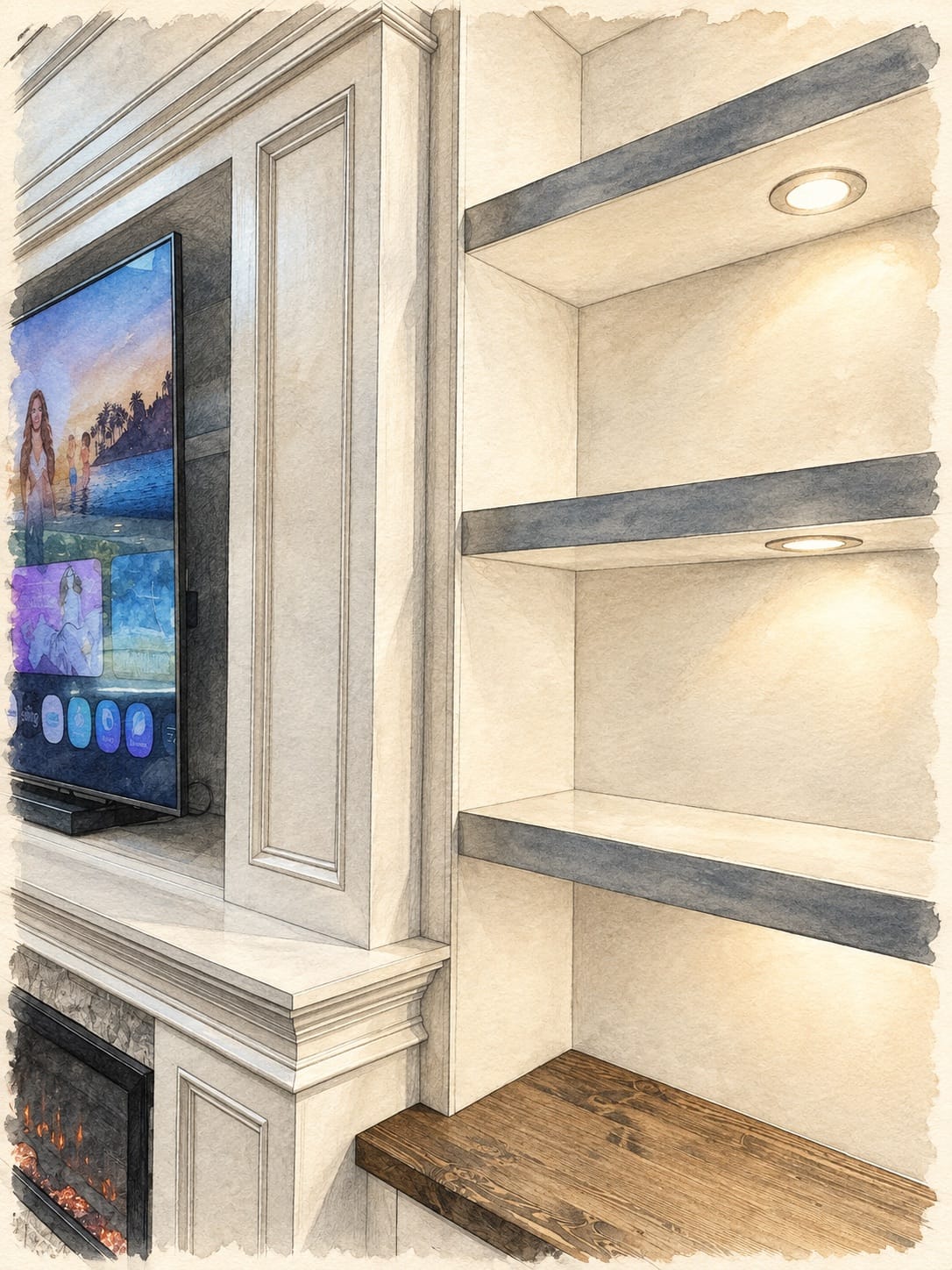Pencil-and-watercolor detail of a real Lux Nook television niche, illuminated shelves and wood counter Pencil-and-watercolor detail of a real Lux Nook television niche, illuminated shelves and wood counter