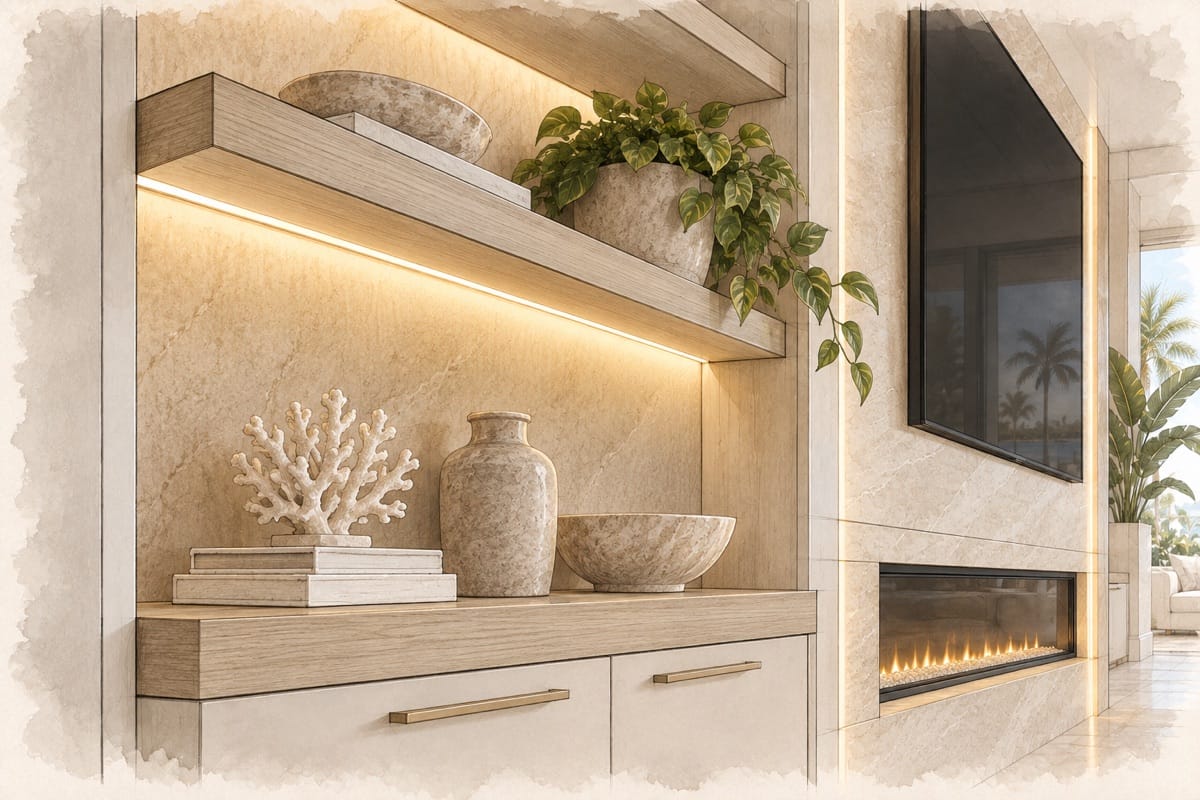 Watercolor illustration of led strip lighting for a custom TV media wall