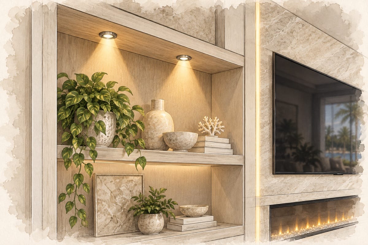 Watercolor illustration of puck lighting for a custom TV media wall