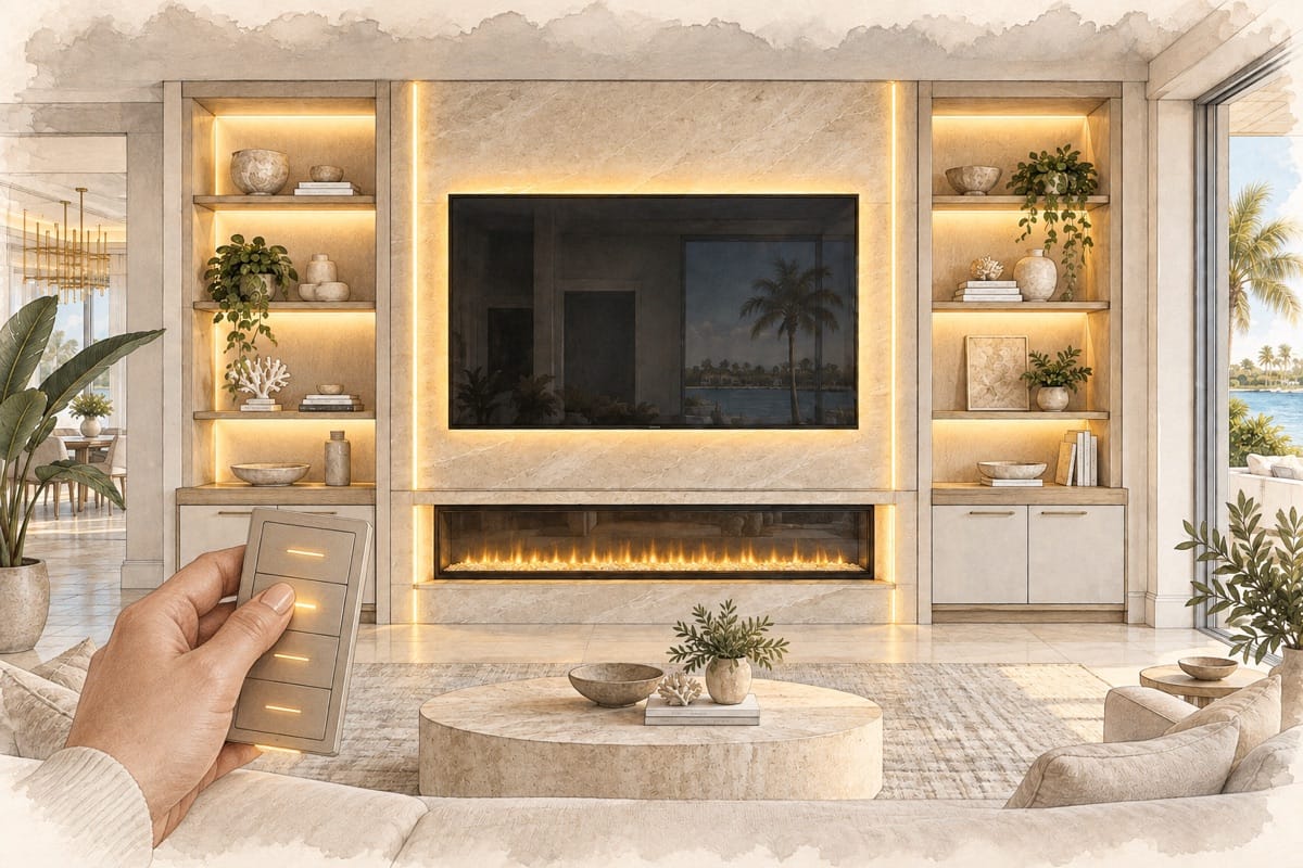 Watercolor illustration of smart lighting for a custom TV media wall