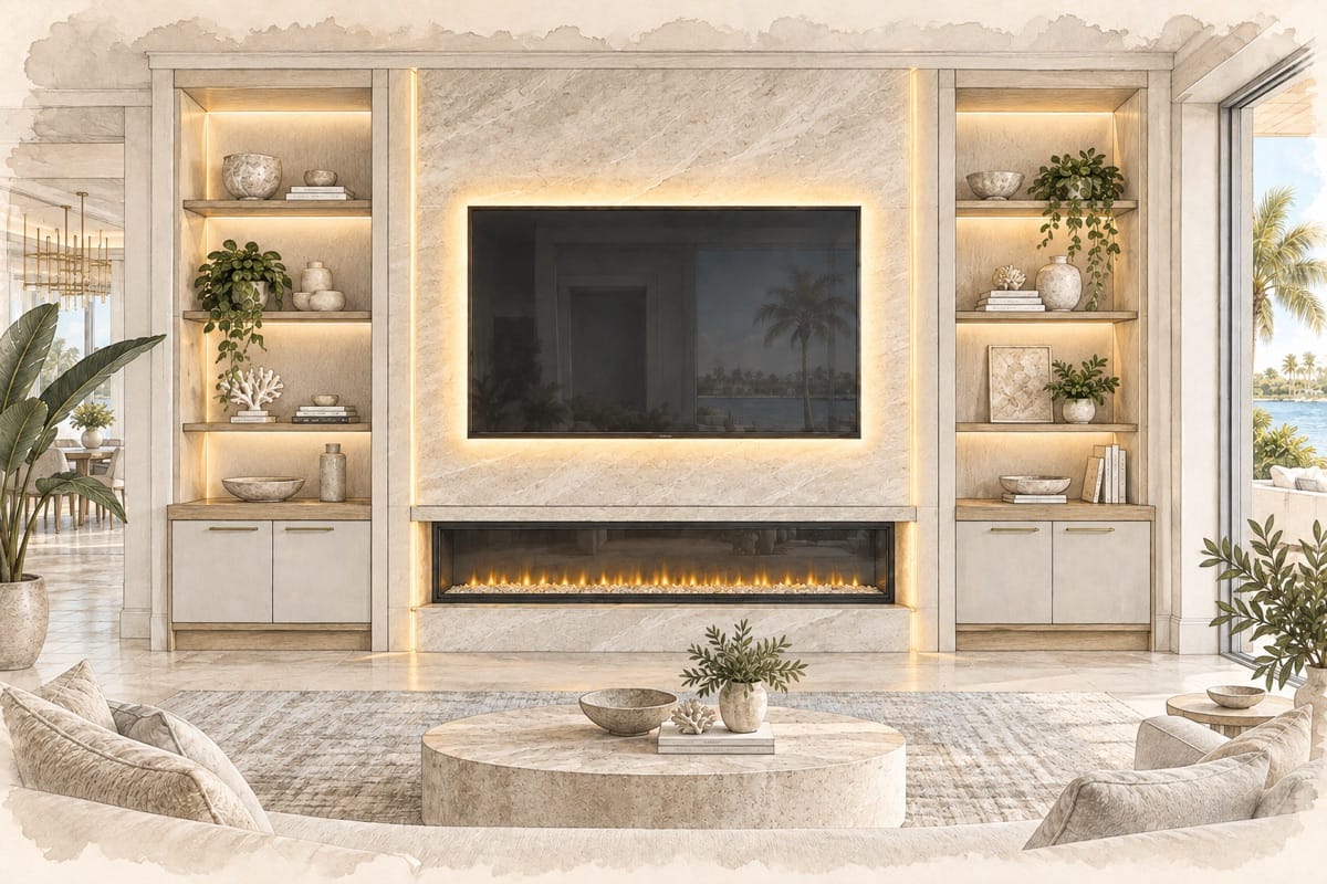 Watercolor illustration of tv backlighting for a custom TV media wall