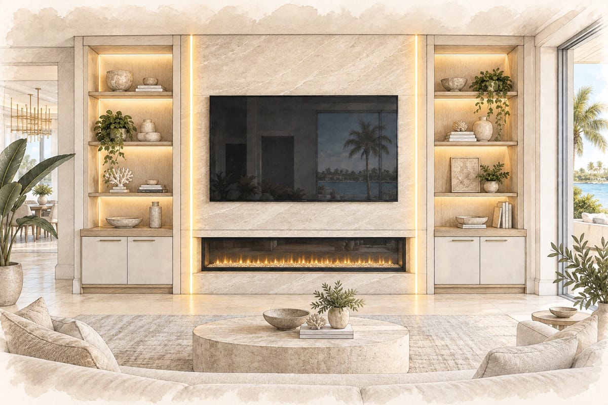 Watercolor illustration of vertical lights for a custom TV media wall