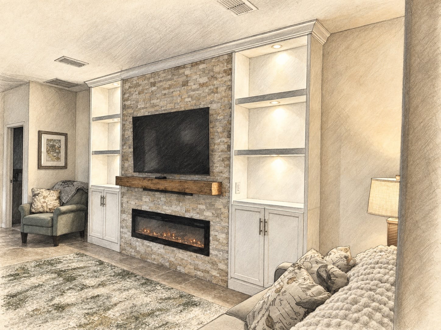 Classic ledger-stone media wall rendered from the original Lux Nook project photograph Classic ledger-stone media wall rendered from the original Lux Nook project photograph