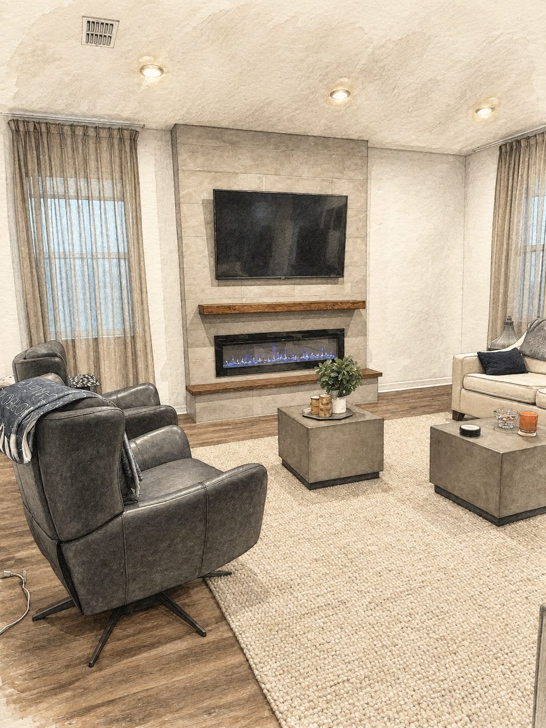 Pencil-and-watercolor rendering of a real Lux Nook room showing the seating relationship to the television wall Pencil-and-watercolor rendering of a real Lux Nook room showing the seating relationship to the television wall