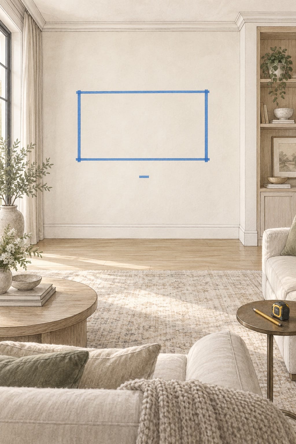 Pencil-and-watercolor illustration of a full-size television outline marked on a wall with painter's tape Pencil-and-watercolor illustration of a full-size television outline marked on a wall with painter's tape