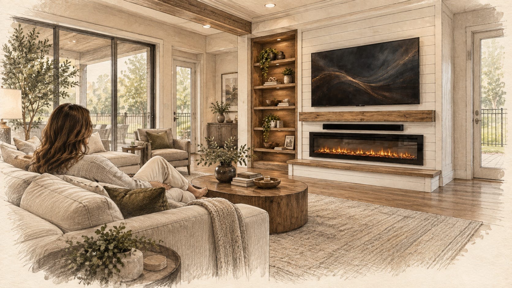 Hand-rendered luxury living room showing the relationship between seating distance, television height, and fireplace