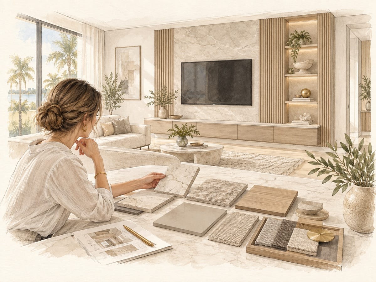 Pencil and watercolor illustration of material samples and budget choices for a custom TV media wall