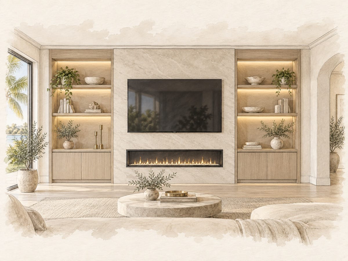Pencil and watercolor illustration of a completed coordinated custom TV media wall elevation
