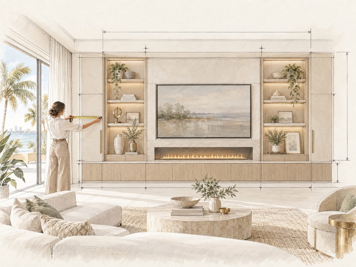Pencil and watercolor illustration of precise room measurement and proportion planning for a custom TV media wall