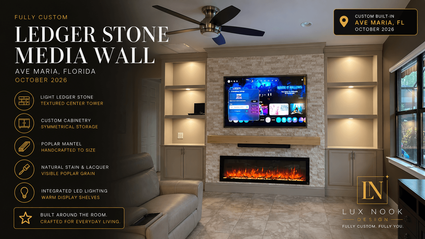 Ave Maria ledger stone media wall with custom built-in cabinets and LED shelving