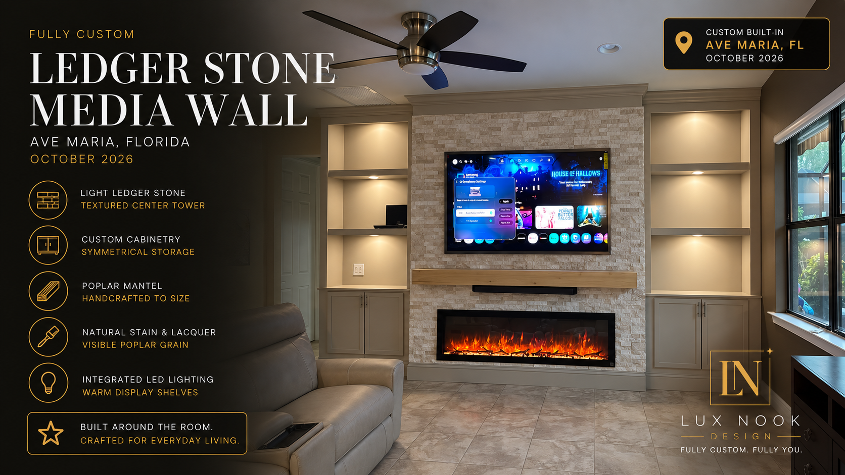Ave Maria ledger stone media wall with custom cabinetry, LED shelves and handcrafted poplar mantel