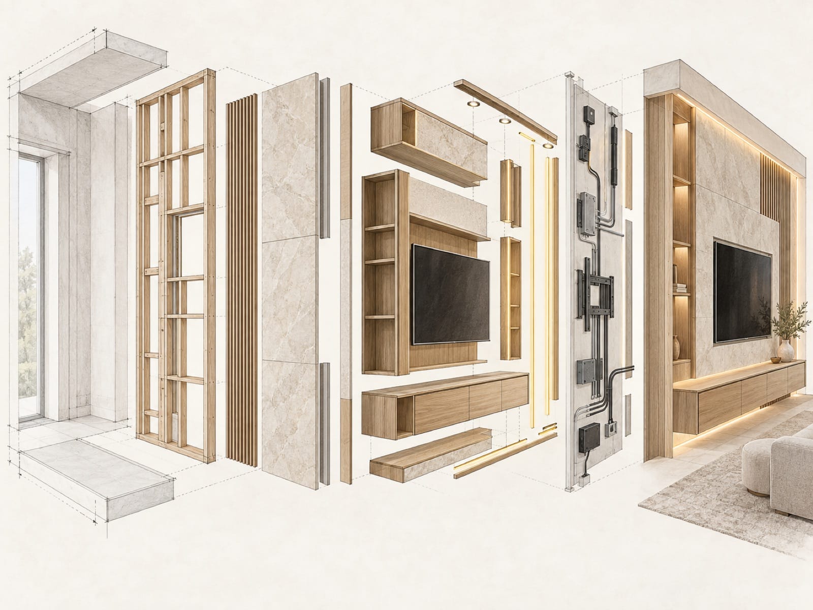 How a Custom Interior Project Budget Is Formed Exploded pencil and watercolor diagram showing the layers that form a custom media wall budget