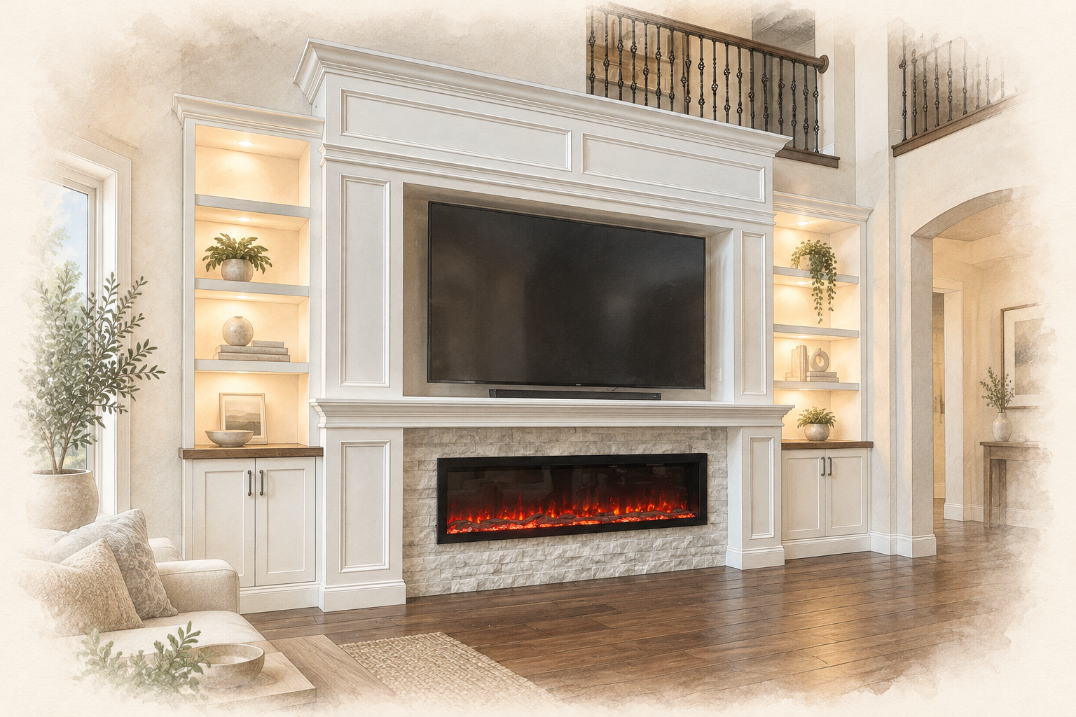 Built-In Cabinetry Pricing Florida Pencil and watercolor custom built-in media wall with cabinetry, illuminated shelving and storage
