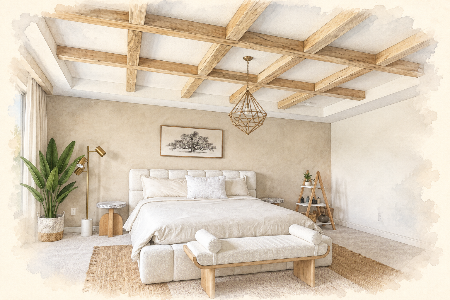 Ceiling Feature Pricing Florida Pencil and watercolor modern wood beam ceiling with natural finish and coffered layout
