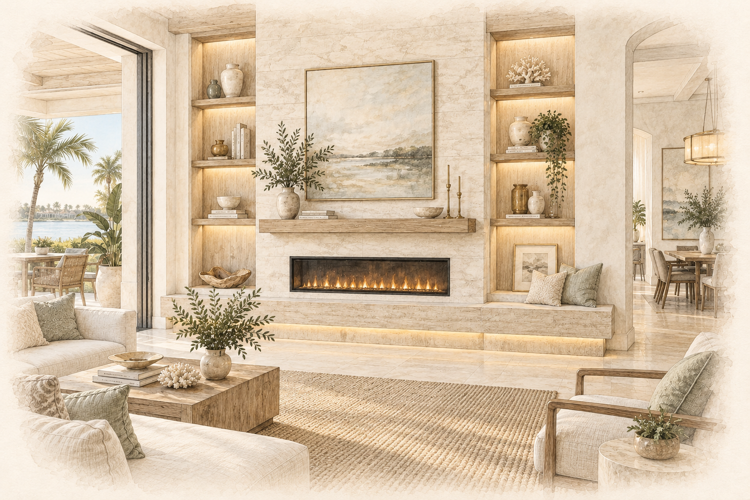 Fireplace Wall Pricing Florida Pencil and watercolor fireplace feature wall with electric fireplace, mantel, bench and illuminated shelving