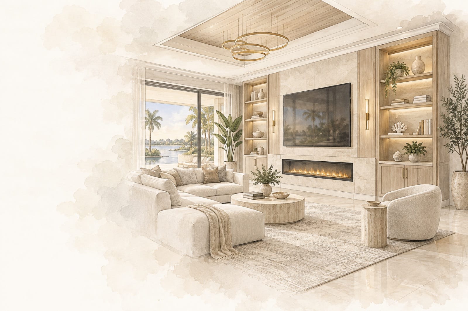 Custom Interior Pricing in Florida Custom media wall pricing in Florida shown through a pencil and watercolor interior with fireplace, built-in cabinetry and ceiling detail