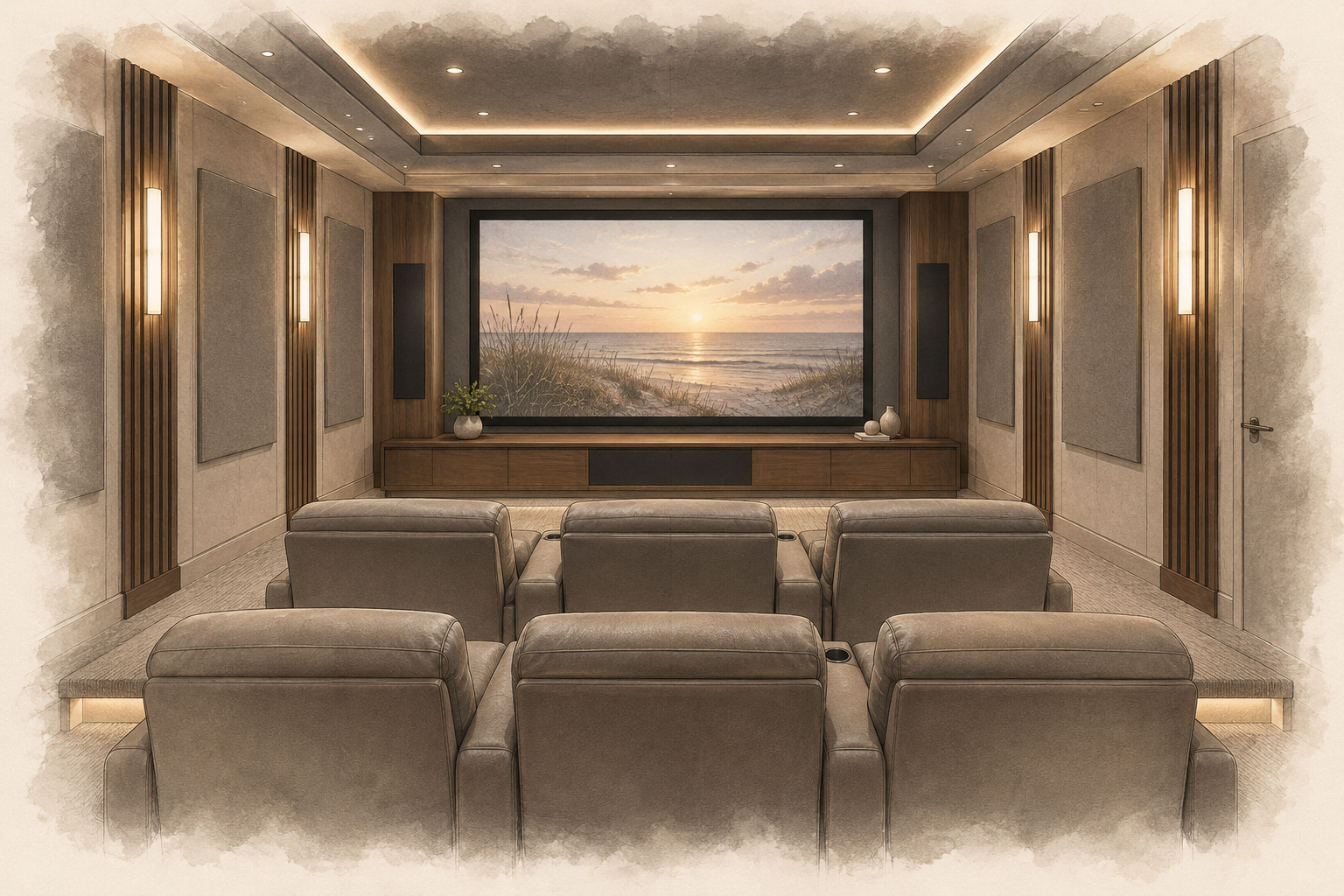 Home Theater Room Pricing Florida Pencil and watercolor luxury home theater with screen wall, storage, acoustic details and ceiling lighting
