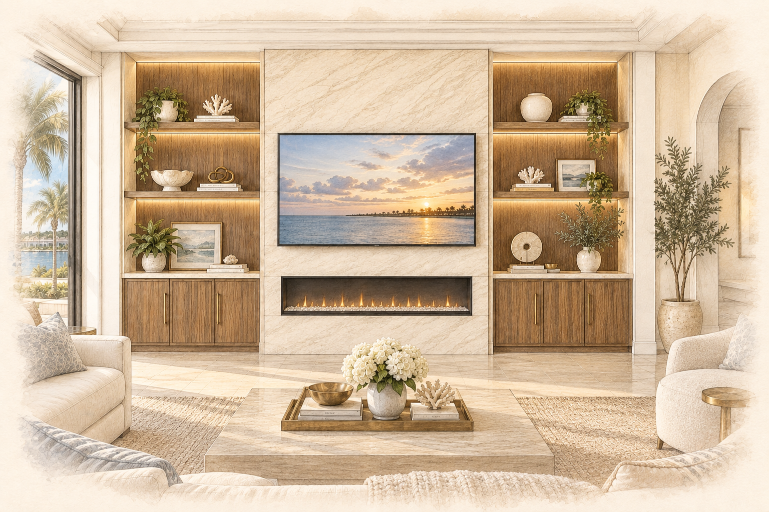 Custom TV Media Wall Pricing Florida Pencil and watercolor custom TV media wall with cabinetry, shelves, fireplace and integrated lighting