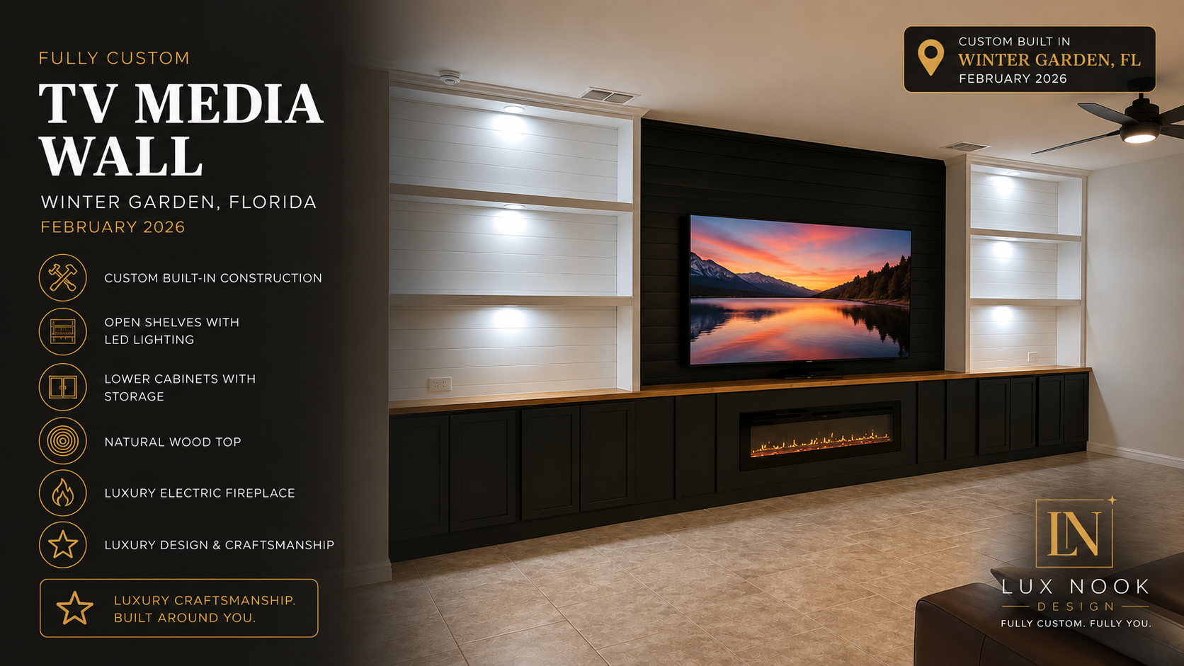 Custom TV media wall in Winter Garden, Florida, with black shiplap, white LED shelving, lower cabinets, natural wood top and electric fireplace